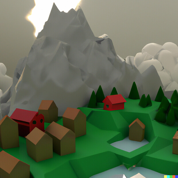 a small village in the mountains rendered as a low poly model - version 2